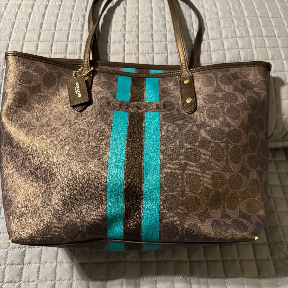 Coach Signature Black Tote with Teal Stripes